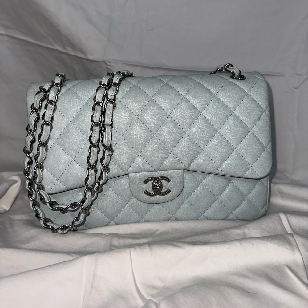 CHANEL Large Blue Quilted Shoulder Bag with Chain Strap